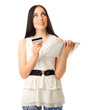 Girl in blue pants with tablet PC and credit card