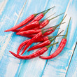 Close-up shot of hot chili peppers on wooden boards