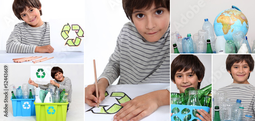Photo: Montage of little boy recycling Montage of little boy recycling