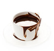 Cup of hot chocolate cocoa flow on white background, close up