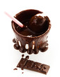 Melted chocolate fondue  isolated on white background, close up