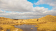 Grassy dune landscape with lake and blue cloudy sky.