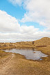 Grassy dune landscape with lake and blue cloudy sky.