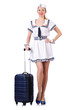 Woman travel attendant with suitcase on white