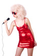 Pop star with mic  on white