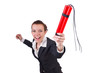 Businesswoman with dynamite on white