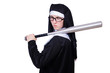 Nun with baseball bat on white