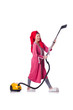 Woman working with vacuum cleaner on white