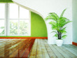 a large window, a plant and a partition