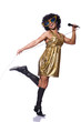 Man in female clothing singing with mic