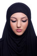 Muslim young woman wearing hijab on white
