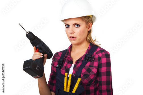 Photo: Junge Heimwerkerin mit Akkubohrer Junge Heimwerkerin mit Akkubohrer
