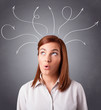 Young girl thinking with arrows overhead
