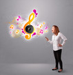 pretty girl singing and listening to music with musical notes