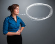 Young lady thinking about speech or thought bubble with copy spa