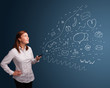 Girl typing on smartphone with various modern technology icons