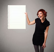 Young woman holding white paper copy space with diagonal lines
