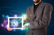 Businessman showing social networking technology with colorful l