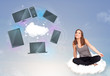 Photo: Young girl sitting on cloud enjoying cloud network service Young girl sitting on cloud enjoying cloud network service