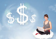 Young woman sitting on cloud next to cloud dollar signs
