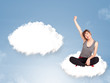 Young girl sitting on cloud and thinking of abstract speech bubb