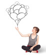 Photo: Happy woman holding balloons drawing Happy woman holding balloons drawing