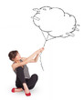 Young lady holding cloud balloon drawing