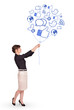 Happy lady holding social icon balloon