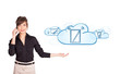 young woman presenting modern devices in clouds