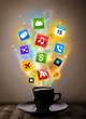 Coffee mug with colorful media icons