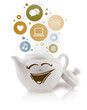 Coffe pot with social and media icons in colorful bubbles