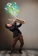 Young musician playing on saxophone while musical notes explodin