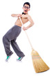 Funny man with broom on white