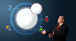 businessman presenting abstract modern pie chart with copy space