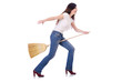 Young woman with broom isolated on white