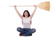 Young woman with broom isolated on white