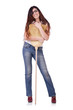 Young woman with broom isolated on white