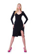 Woman in black dress in fashion concept on white
