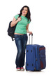Photo: Young woman with suitcase isolated on white Young woman with suitcase isolated on white