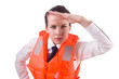 Young woman with life vest on white