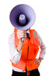 Young woman with vest and loudspeaker on white