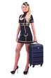 Woman travel attendant with suitcase on white