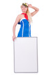 Stewardess with blank board on white
