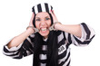 Prisoner in striped uniform on white