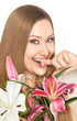 Happy xxl woman biting finger flowers