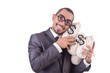Man with money sacks on white
