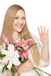 Smiling xxl woman holding flowers