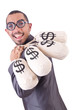 Man with money sacks on white