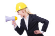 Female construction worker with loudspeaker