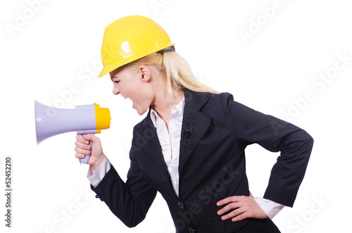 Photo: Female construction worker with loudspeaker Female construction worker with loudspeaker